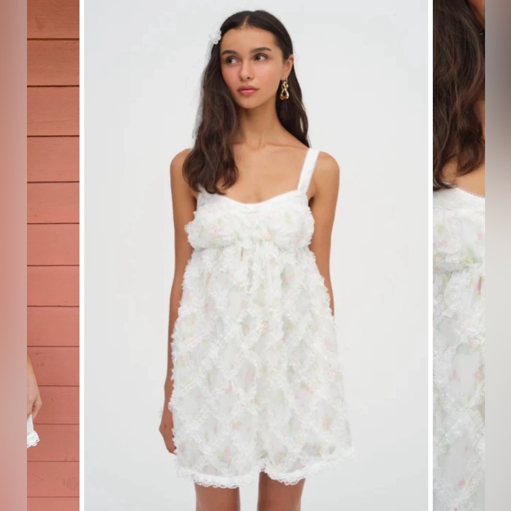 NWT | For Love‎ and Lemons Open Back White Pink Green Nova Mini Dress Medium